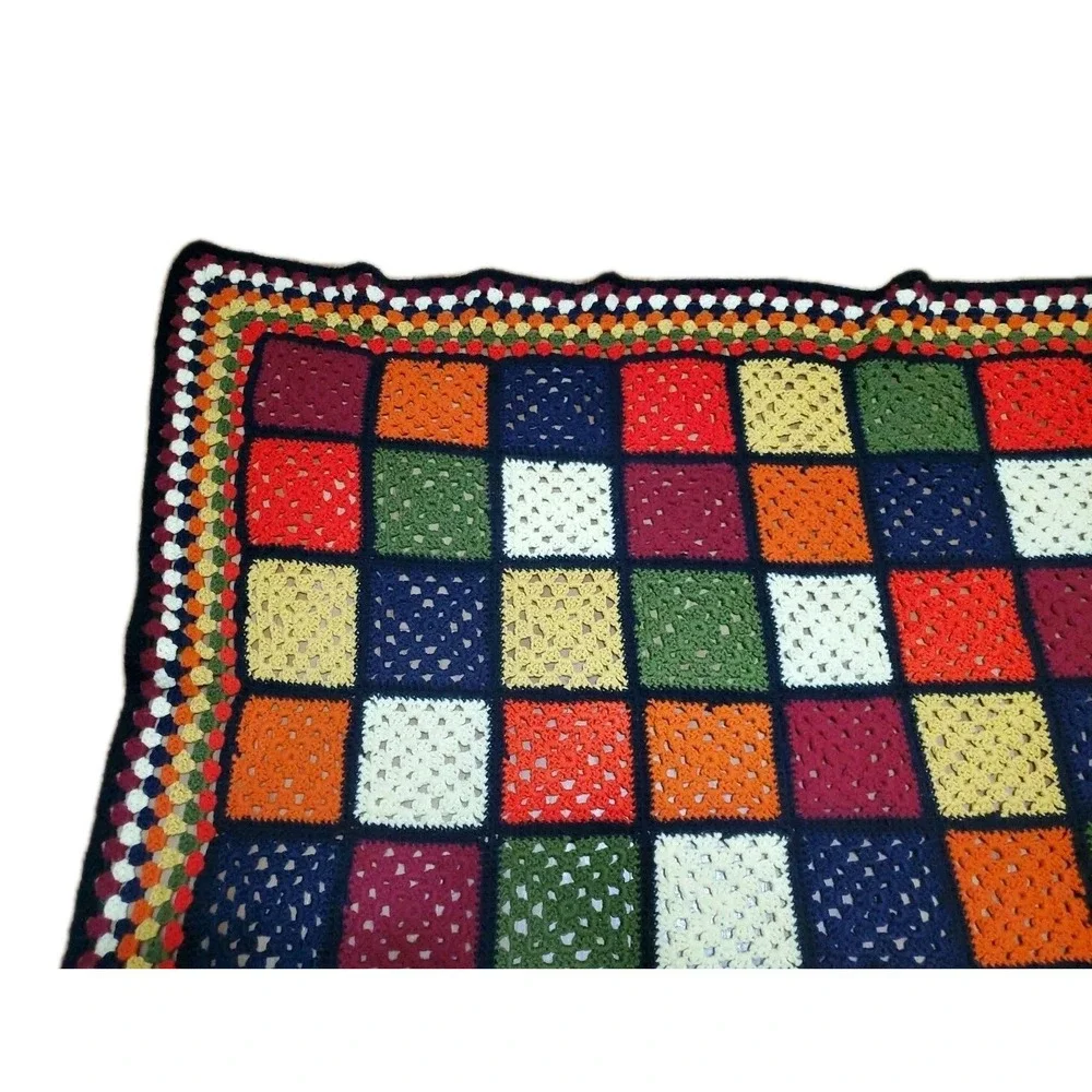 Vtg Granny Square Crochet Afghan Blanket Handmade 58x45 Multi‎ Color Retro Throw